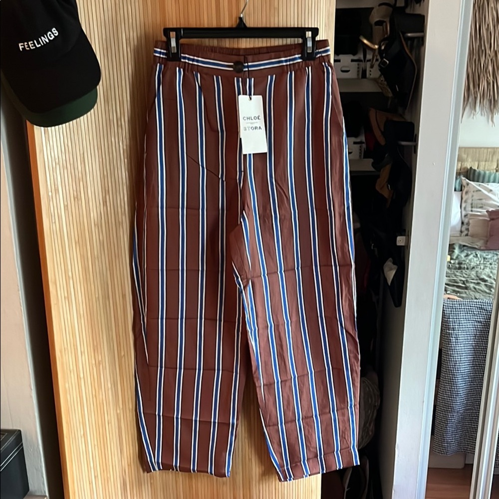 Brown and Blue Striped Trousers with Relaxed Fit